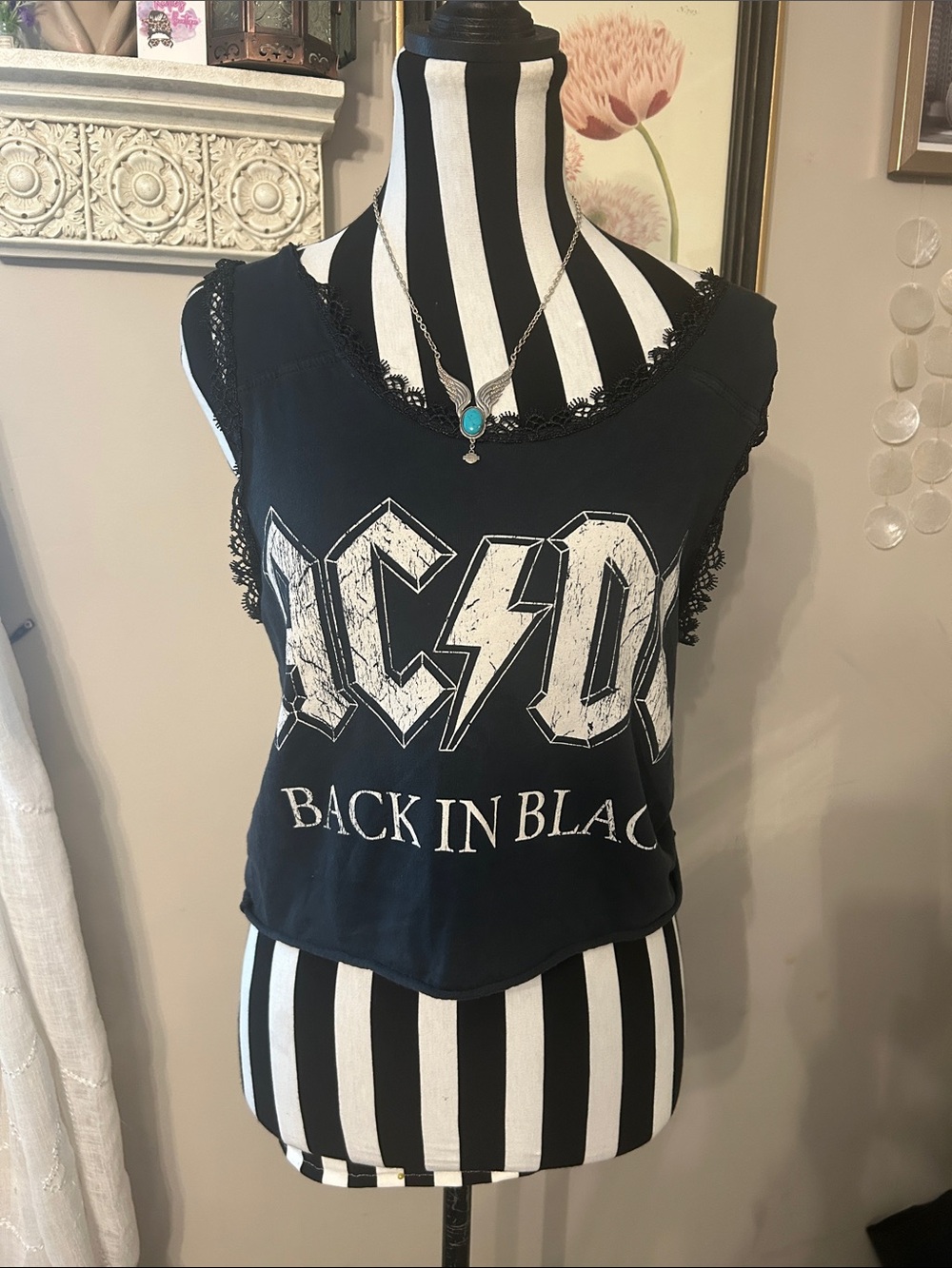 AC/DC Black Lace-Trim Crop Tank with 'Back in Black' Graphic